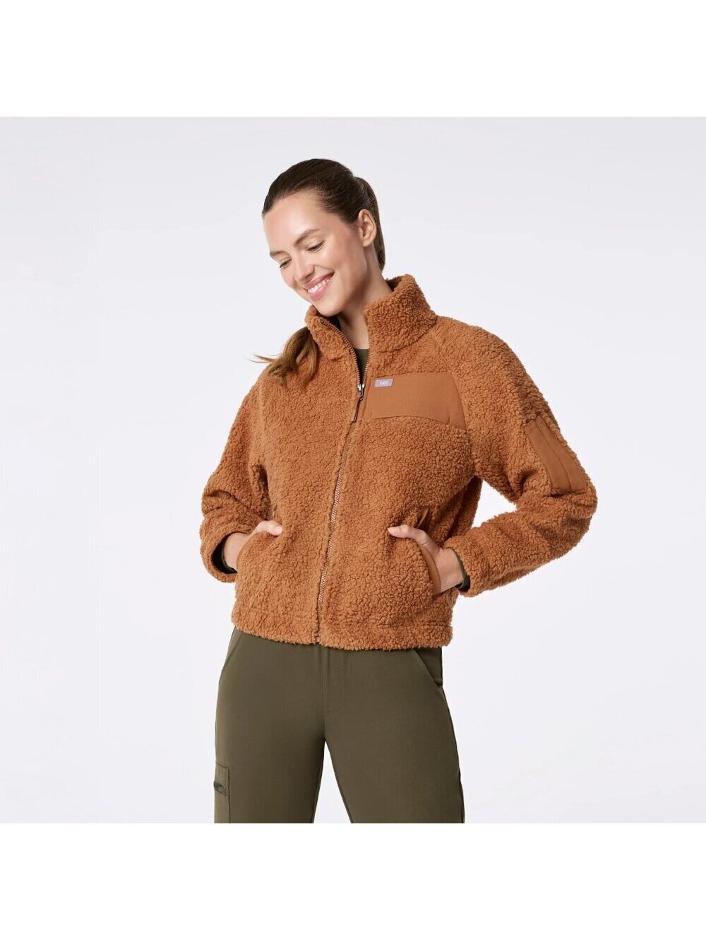 Figs On-Shift High Pile Fleece Bomber Jacket in Mocha, Size Large